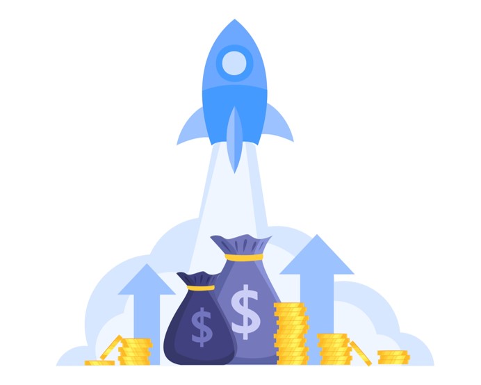 Income or revenue growth finance vector concept with launching rocket, money bags, coins,arrows.